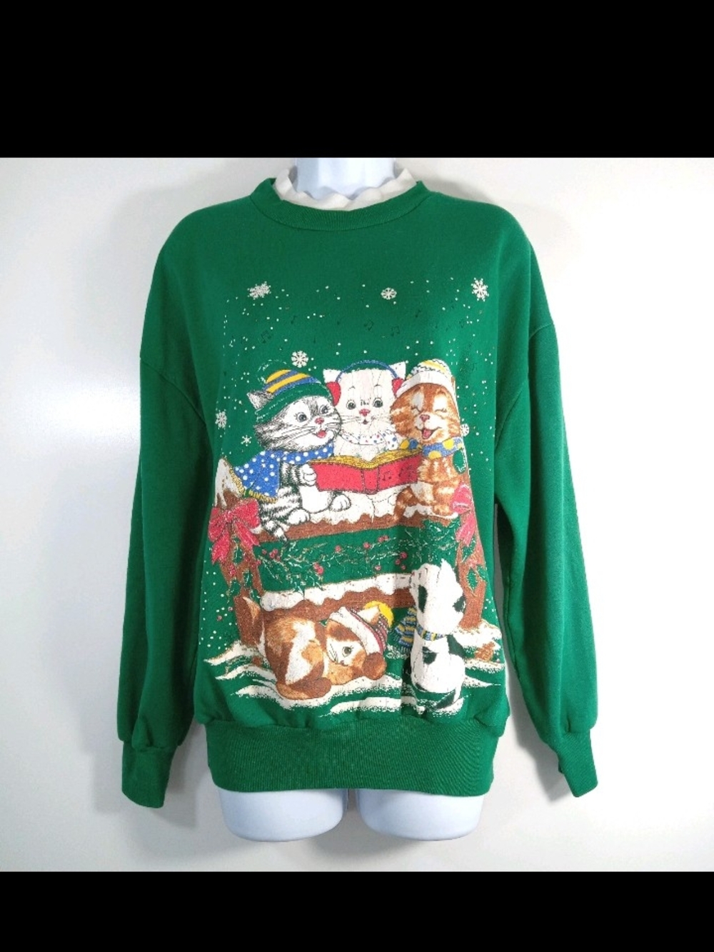 Nutcracker Green Christmas Kittens Sweatshirt Size XLarge Vintage Graphic Cat